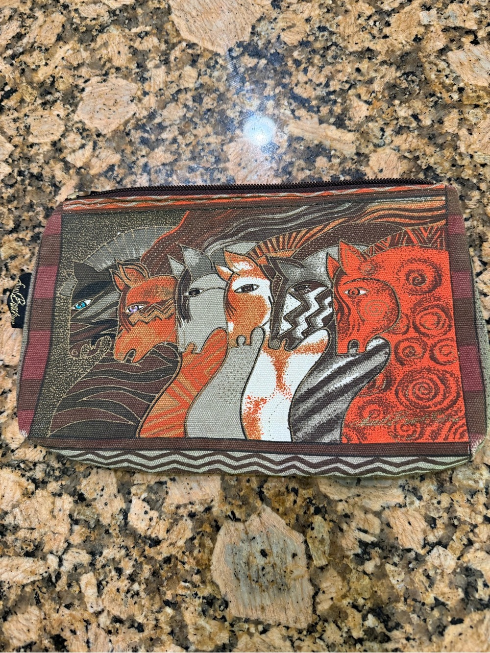 Laurel Burch Horse themed Print zippered Pouch — Brown, Cream, Gray